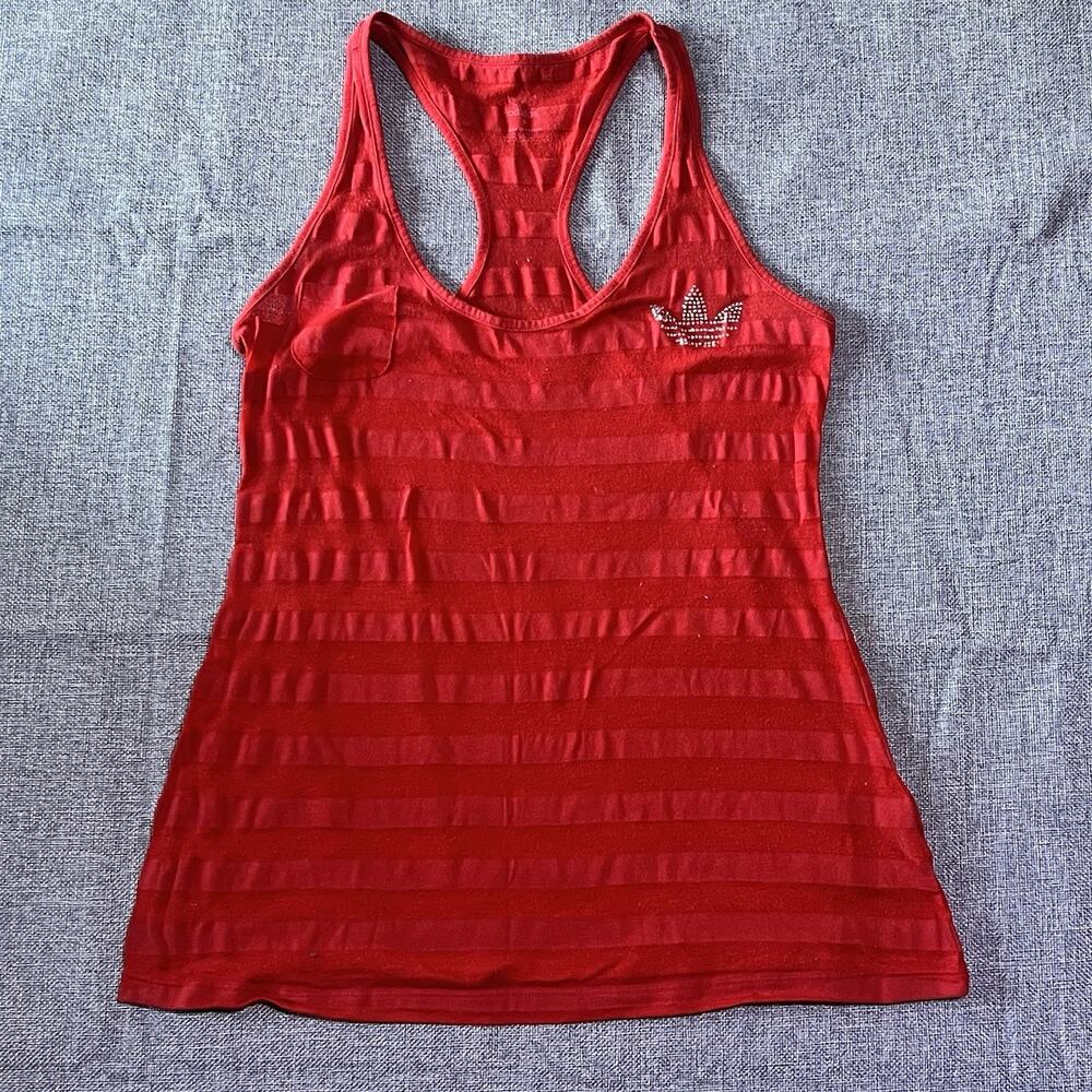 adidas Women’s Red Striped Scoop Neck Racerback Tank Top Rhinestone Trefoil